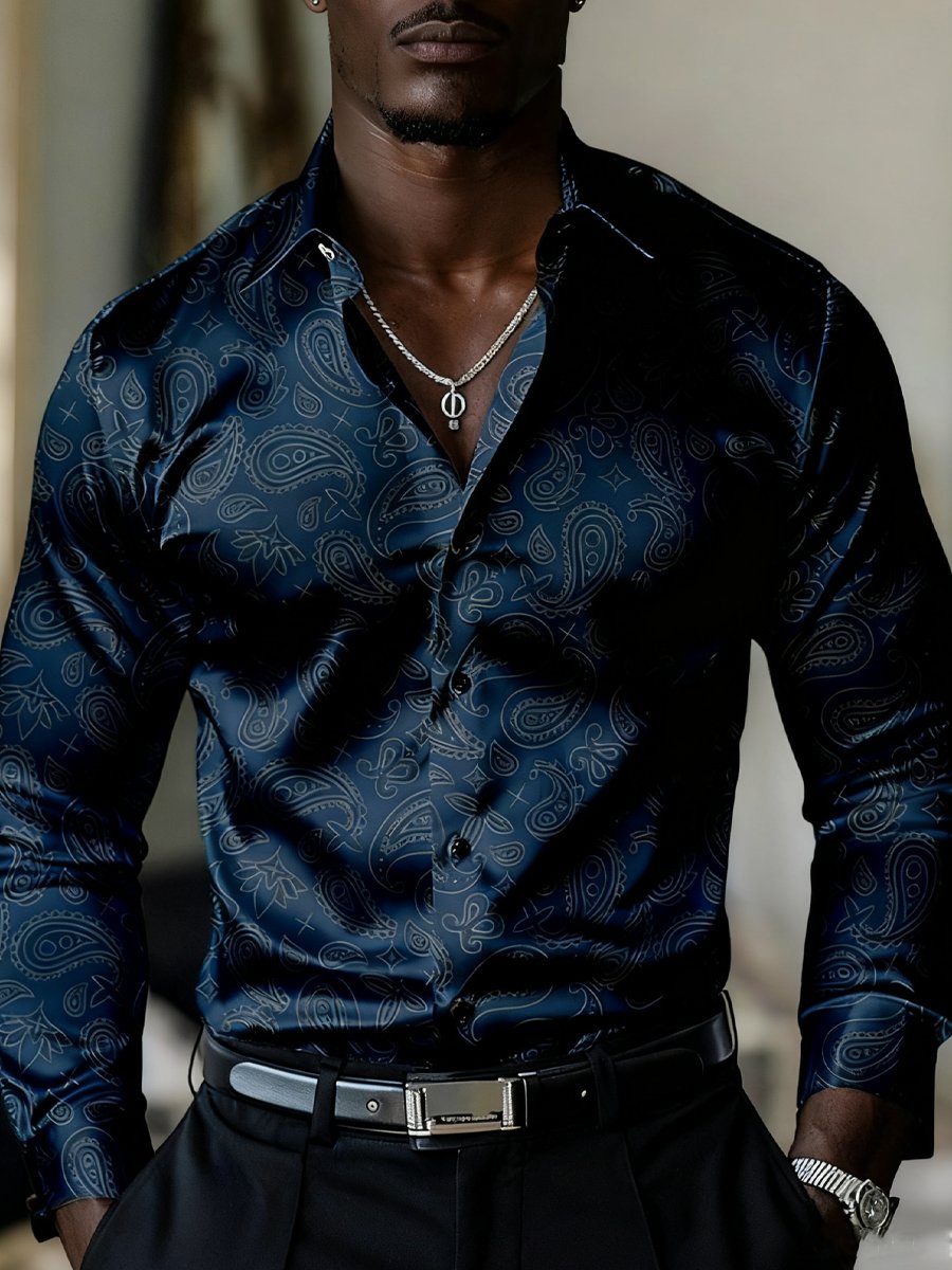 Camisa de lujo retro Paisley floral de manga larga para hombre