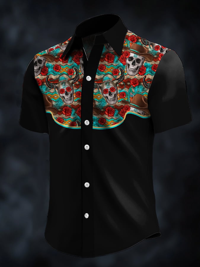 Camisa retro Western Contrast estampado de manga corta casual para hombre