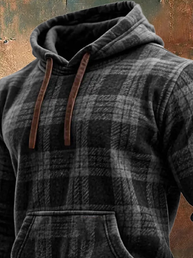Sudadera retro desgastado a cuadros estampado casual de manga larga para hombre