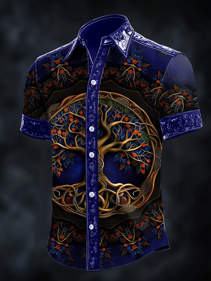 Camisa casual dark Viking tree of life estampado satén para hombre