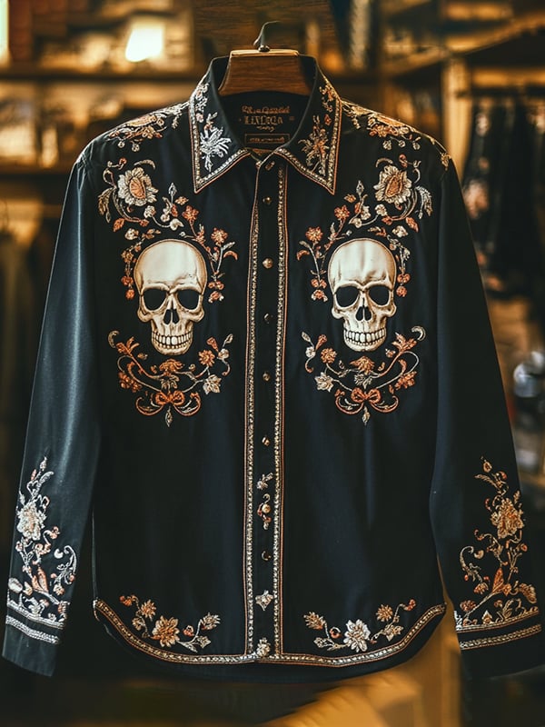 Camisa retro casual Skull estampado de manga larga para hombre