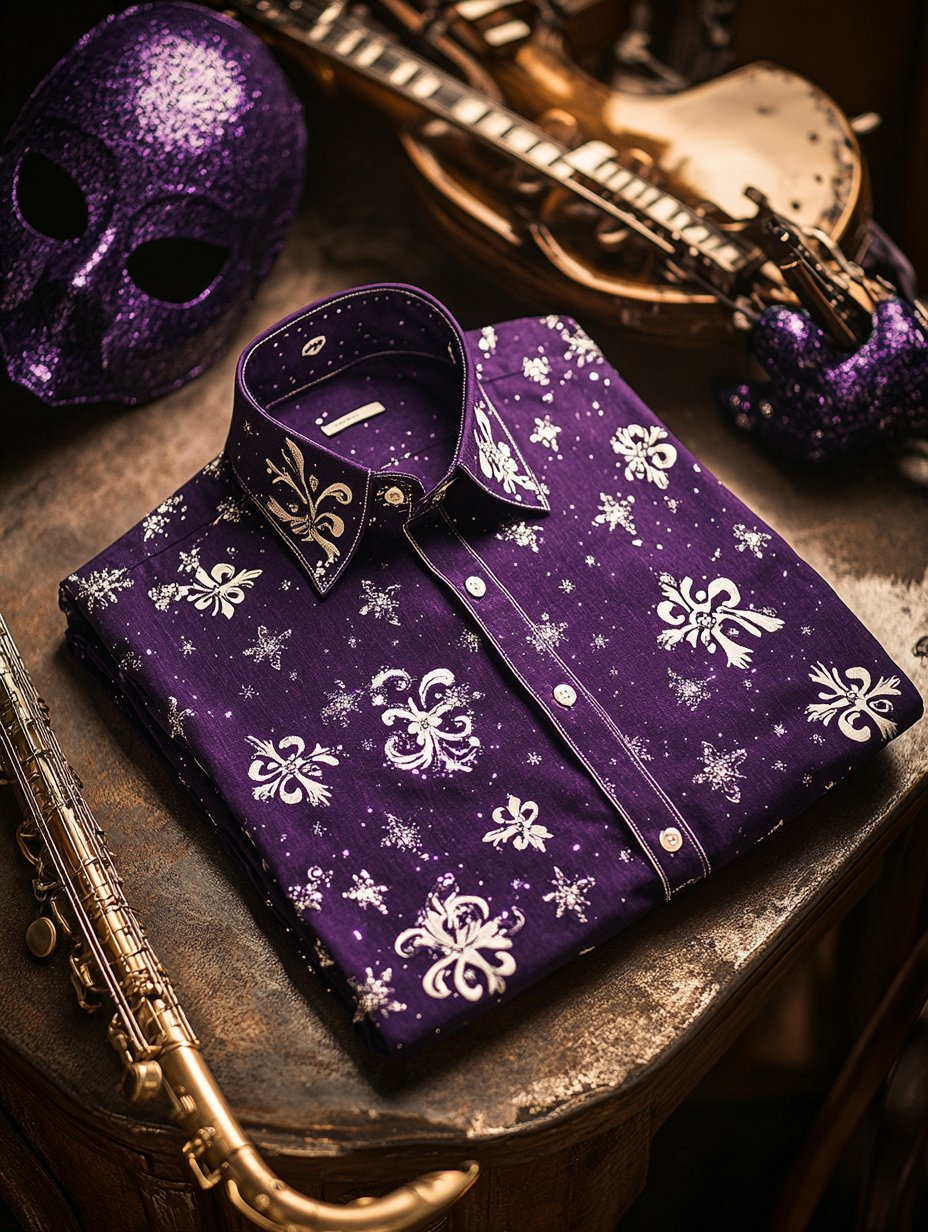 Camisa Purple Mardi Gras Theme de lujo de manga larga para hombre