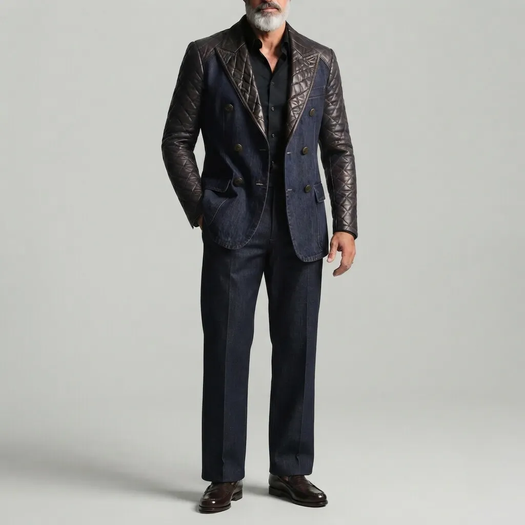 para hombre de moda Peak Lapel Double Breasted Quilted PU Leather Contrast Spliced Denim saco