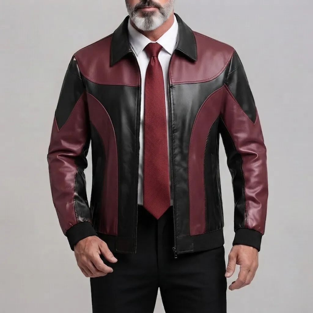 para hombre Navy Blue PU Leather Colorblock Turndown Collar con cierre chaqueta