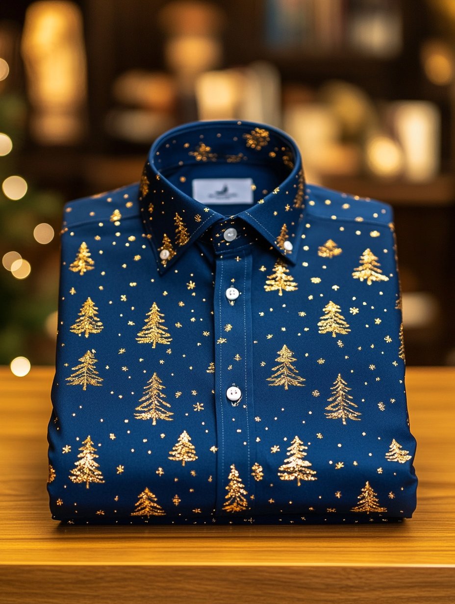 Camisa ejecutivo retro Christmas Tree Snowflake estampado de manga larga para hombre