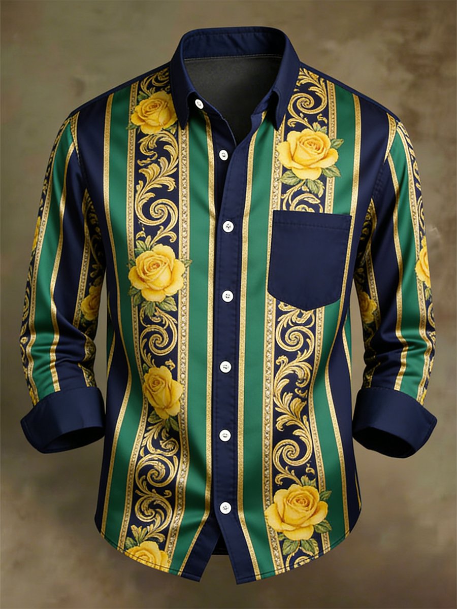 Camisa retro ejecutivo casual Baroque Rose a rayas de manga larga para hombre