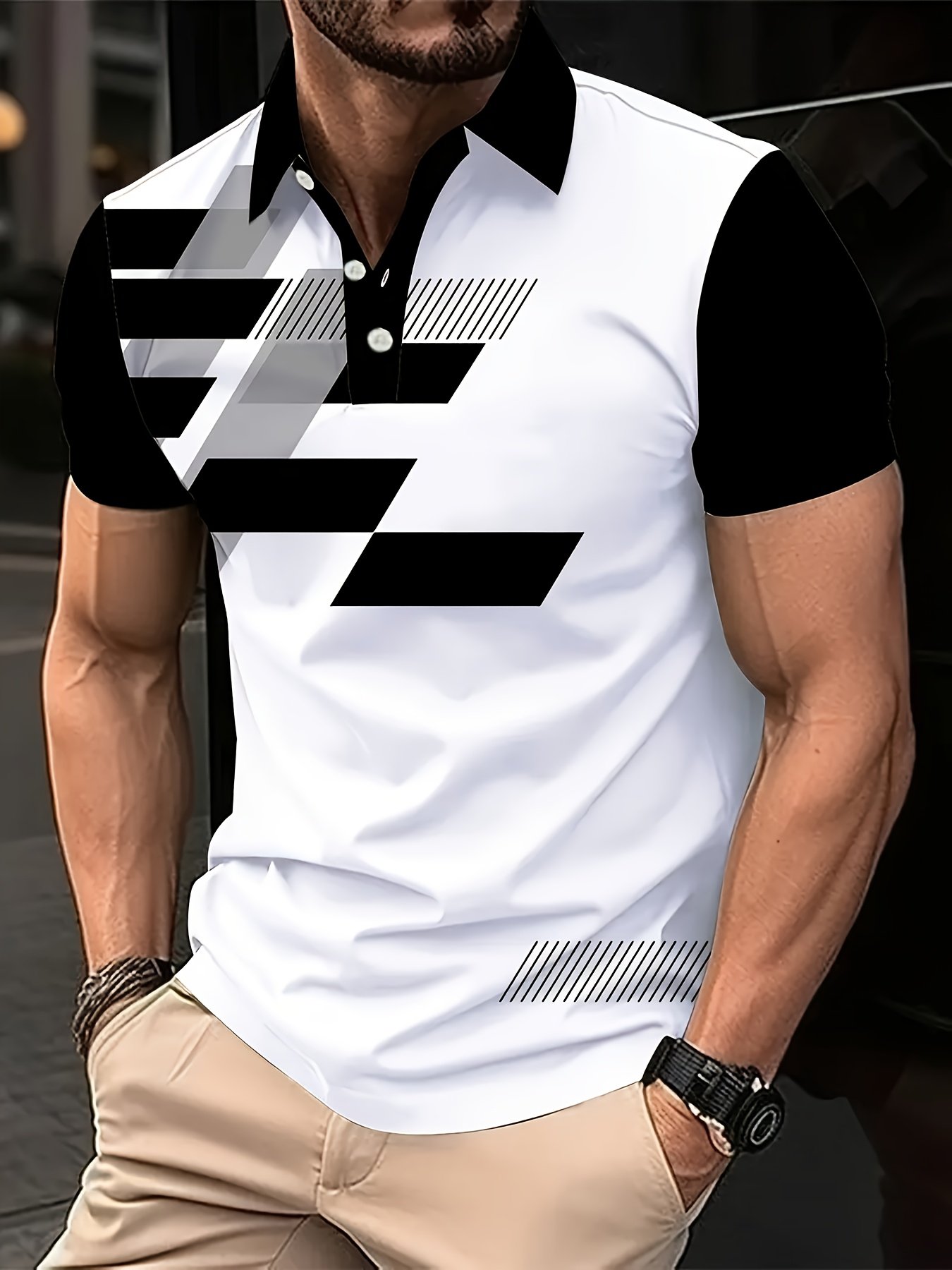 Camisa polo ejecutivo casual a rayas Button de manga corta para hombre