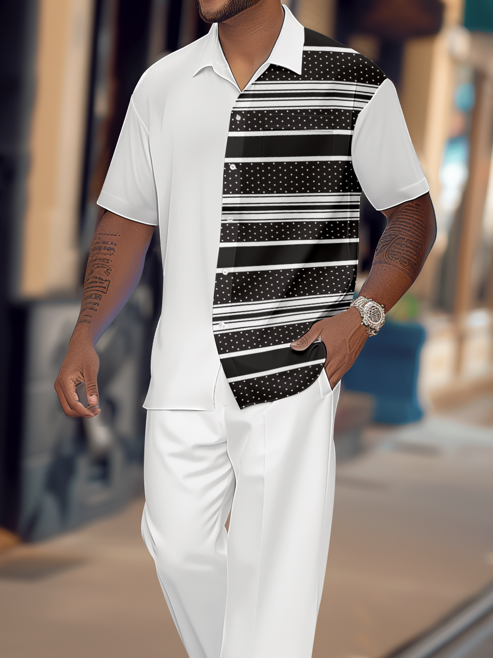 Camisa black and white de manga corta walking suit 1170 para hombre