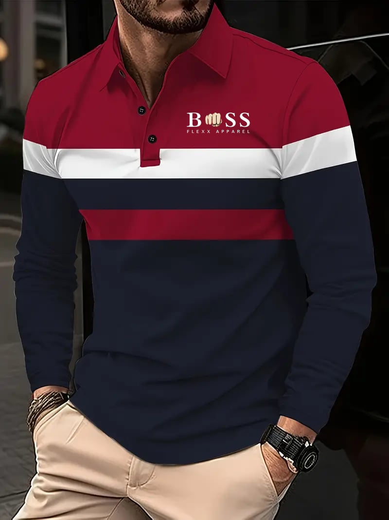 Camisa polo ejecutivo casual a rayas de manga larga para hombre