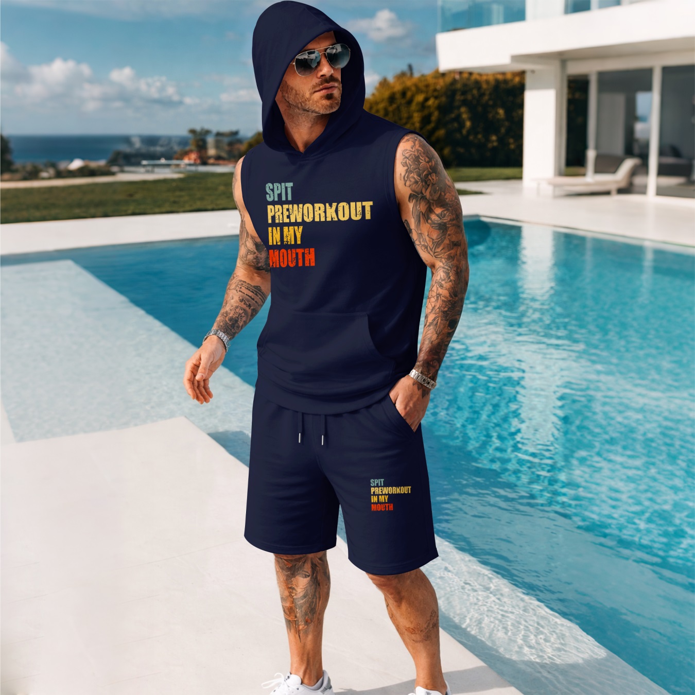Sudadera con capucha Sleeveless & shorts Set – “Spit Prepara trabajoout in My Mouth” Graphic, Summer Two-Piece Activewear, casual Streetwear, Regular Fit Gym & Sport de moda, Lightweight Outfit para hombre