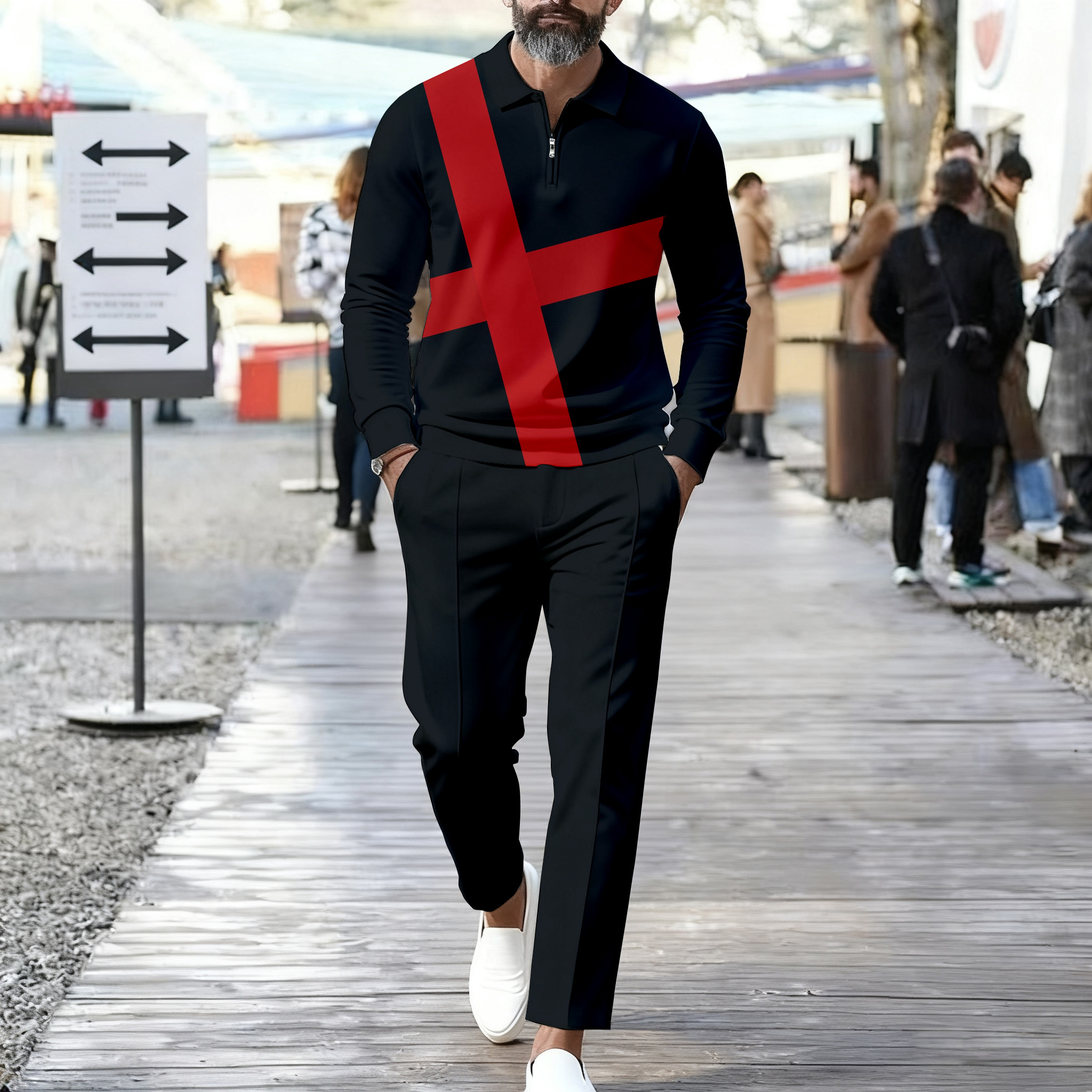 Conjunto de dos piezas casual Color Matching estampado Polo-Collar Zipper de manga larga Trousers para hombre