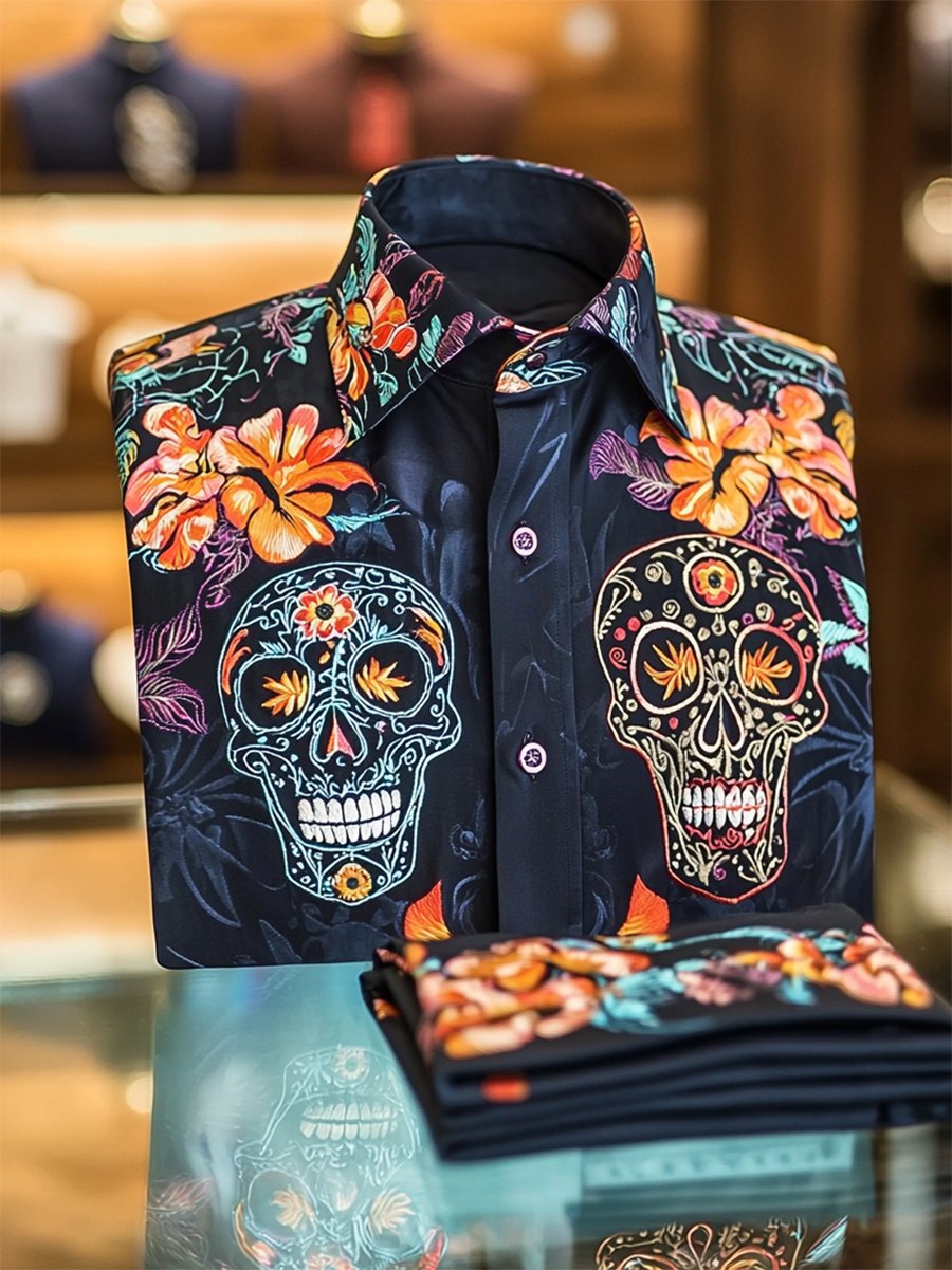 Camisa satén Luxe Skull de manga larga con botones para hombre