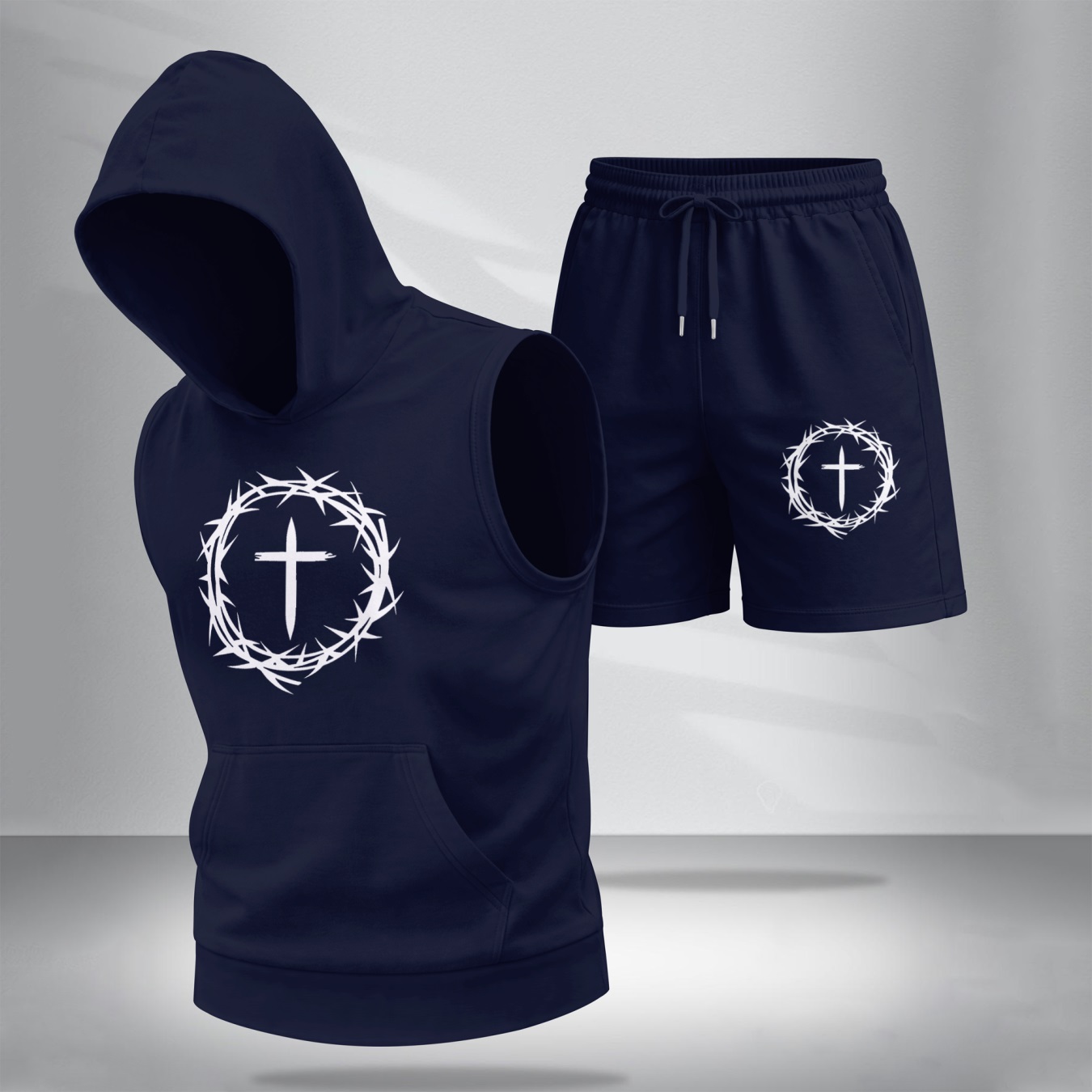Sudadera con capucha Two-Piece Summer Set – Sleeveless & shorts with Faith Cross estampado, casual Sportwear, Athletic para exterior Outfit, Summer Street Style for Men, TikTok Hot Selling para hombre