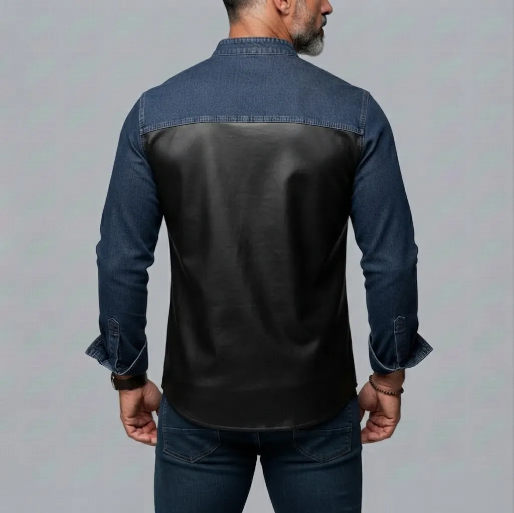 Denim PU Leather Patchpara trabajo Stand Collar Half Zip Chest Pocket Slim Ficamiseta para hombre