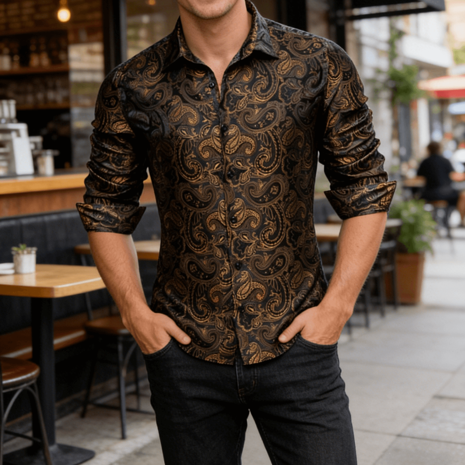 Camisa Gold casual for Men Paisley de manga larga con botones camisa