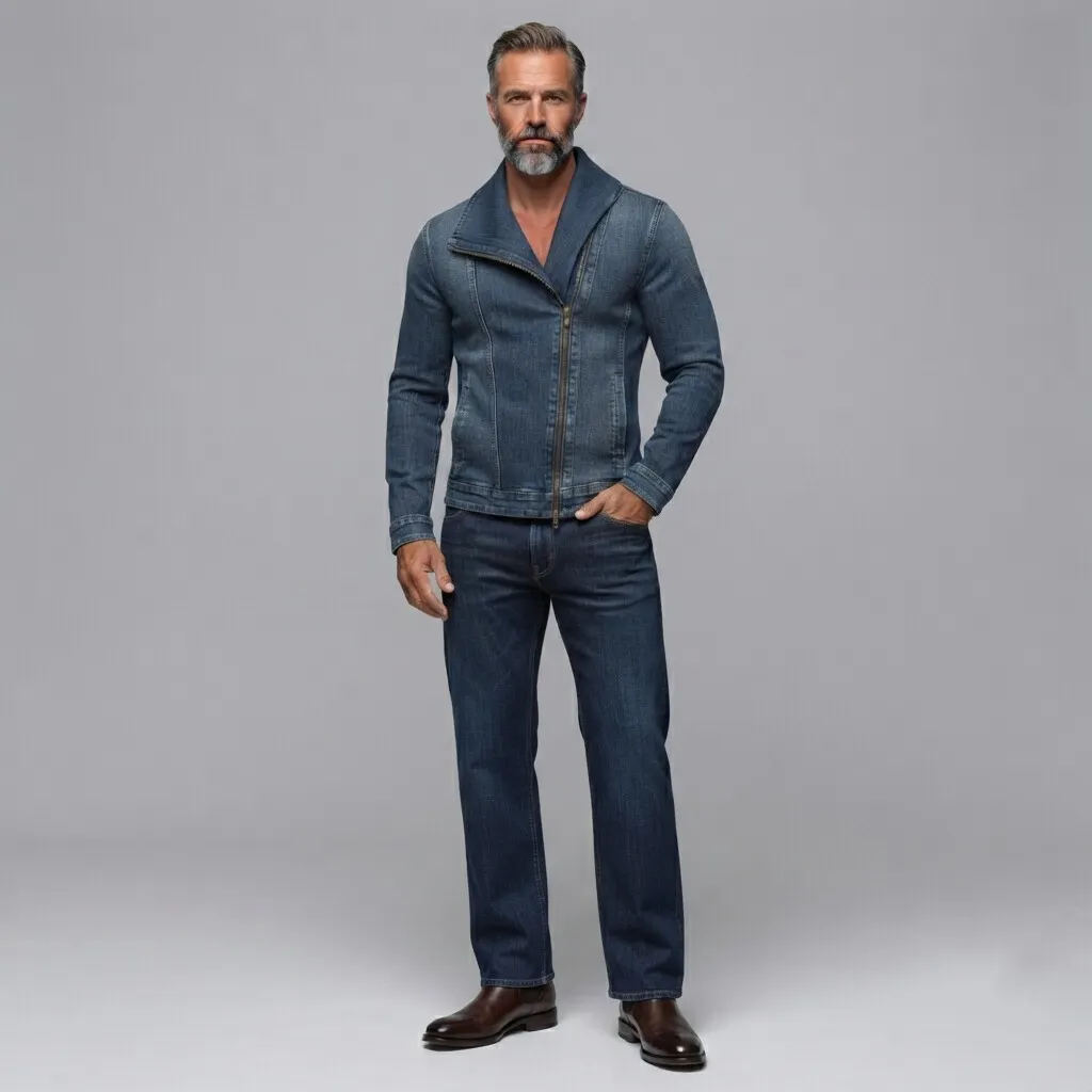 para hombre vintage Denim Lapel Collar Slant Pocket Slim Asymmetrical con cierre chaqueta