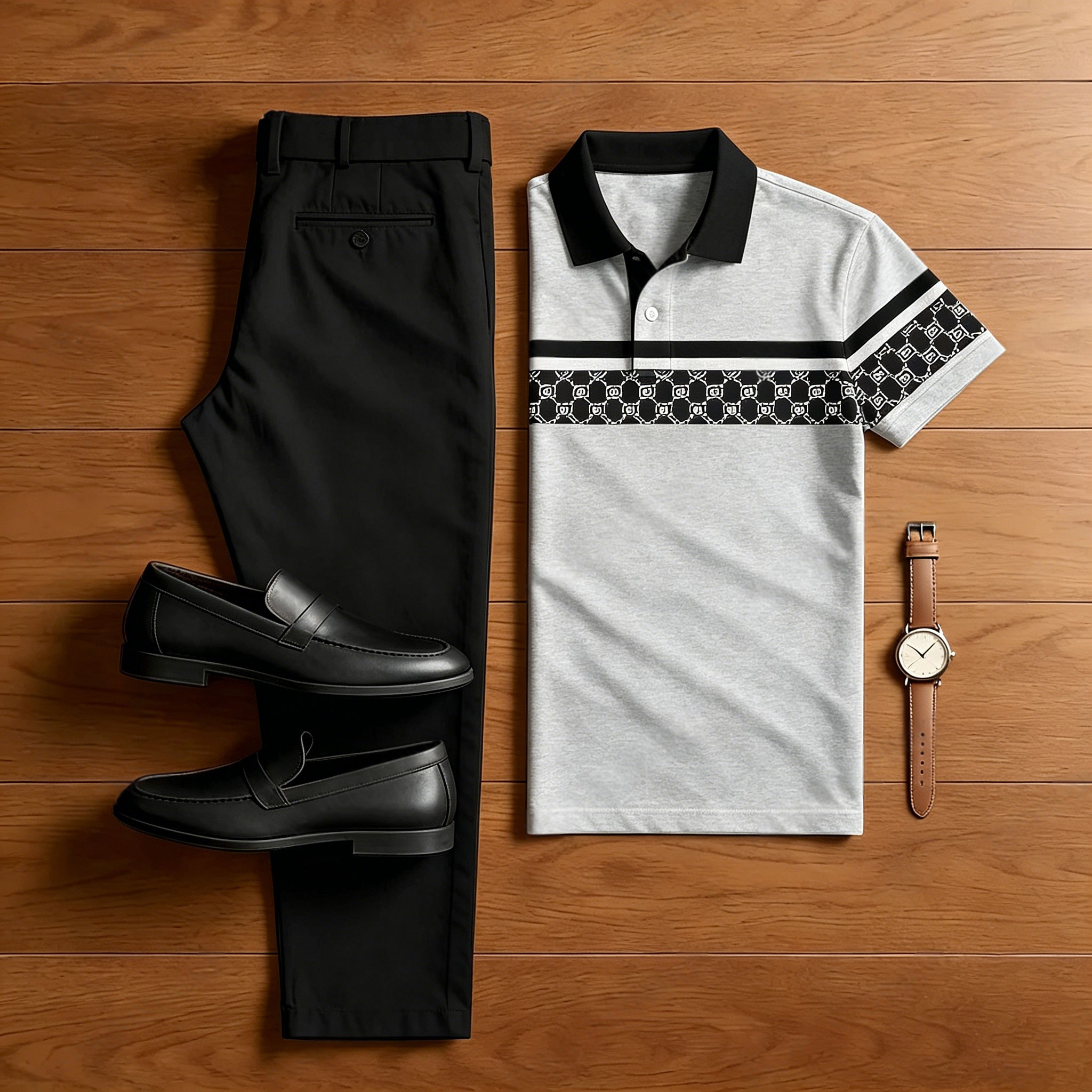 Conjunto de dos piezas casual Gray & White Checkered estampado camisa polo And pantalón para hombre