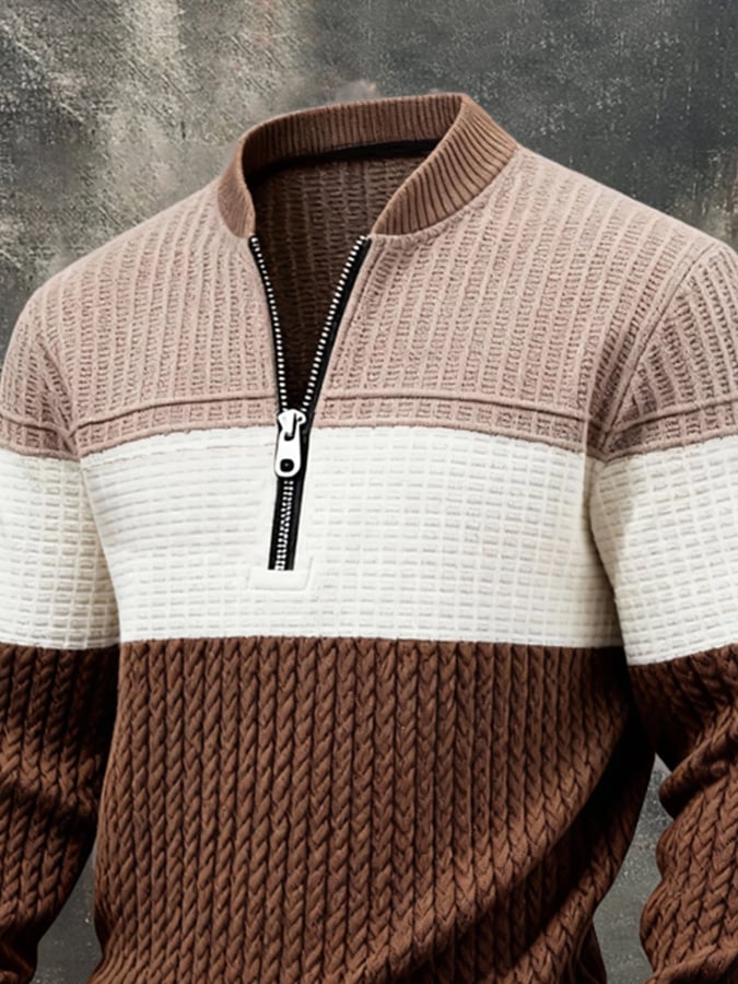 Sudadera casual retro Half-Zip Stand-cuello de manga larga para hombre