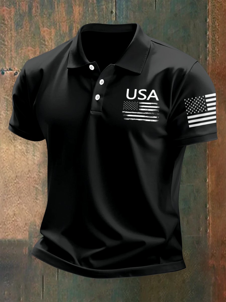 Camisa polo para exterior Independence Day American Flag Button de manga corta para hombre