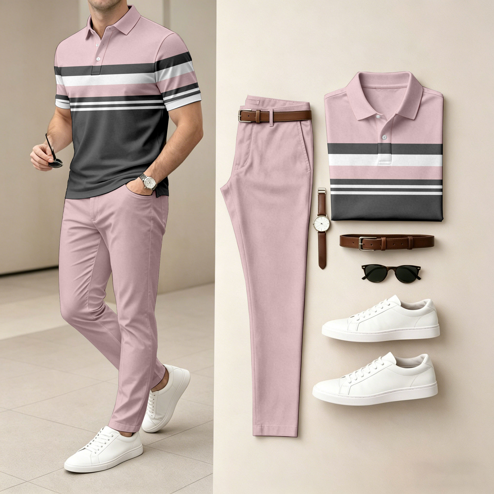 para hombre Color-Blocked de manga corta camisa polo and pantalón Set