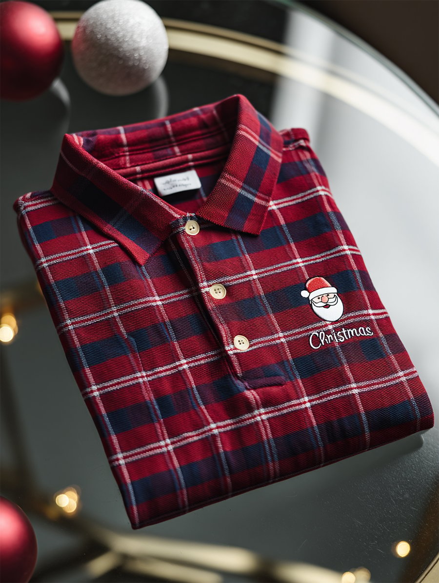 Camisa polo Christmas a cuadros de manga larga para hombre