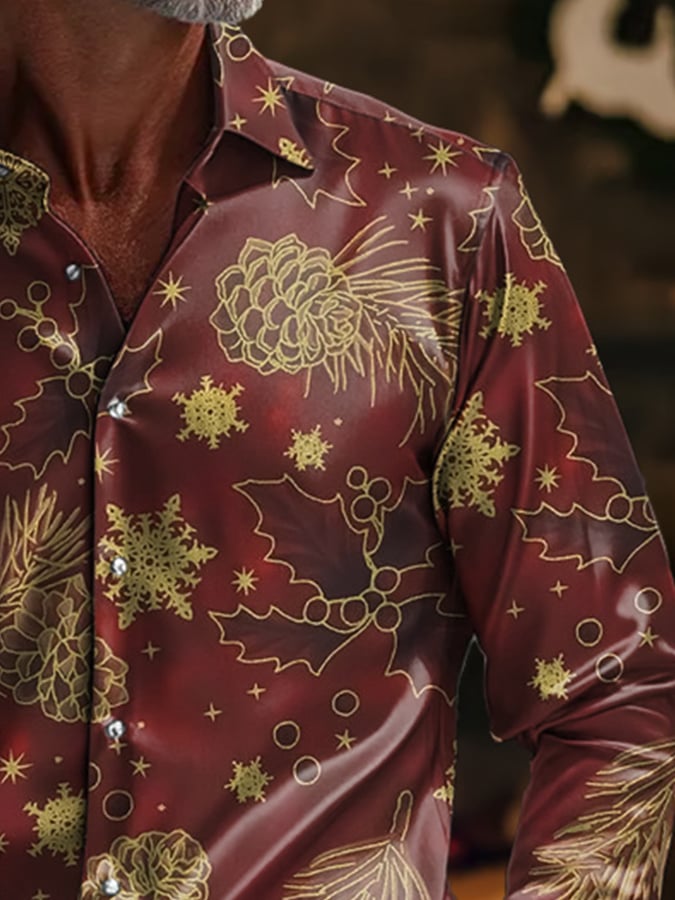Camisa de lujo Christmas Contrast Color estampado de manga larga para hombre