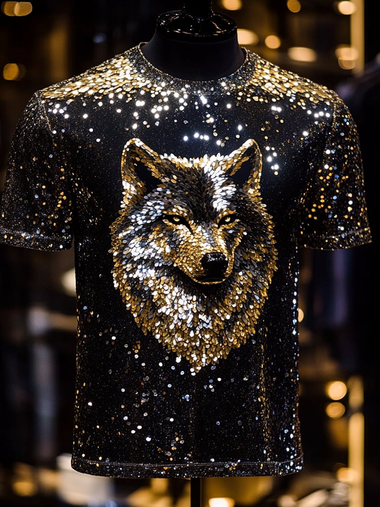 para hombre Sequin ejecutivo Wolf Print de manga corta camiseta