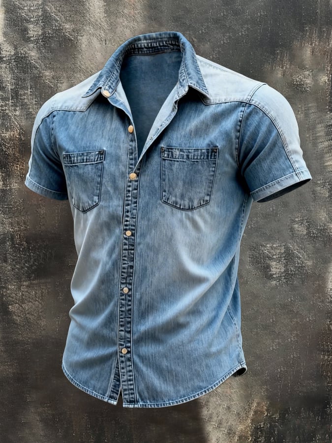 Camisa retro en bloques de color mezclilla de manga corta para hombre