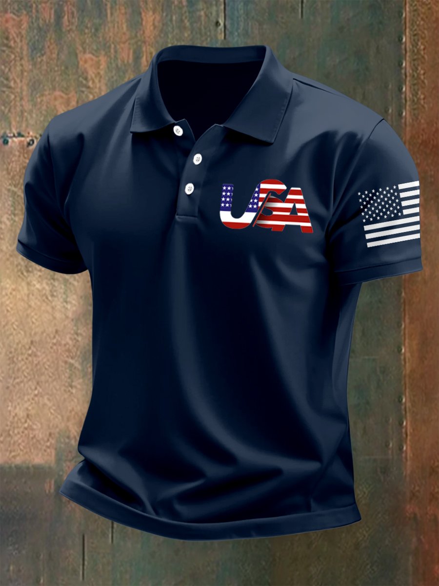 Camisa polo para exterior Independence Day American Flag Button de manga corta para hombre