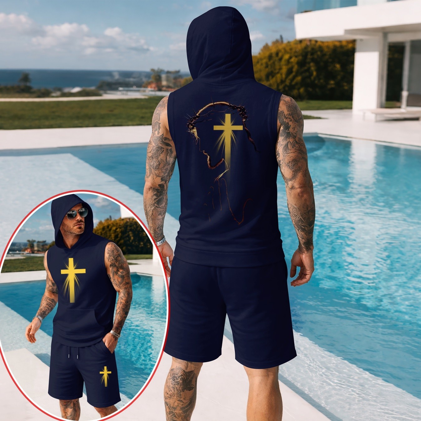 Conjunto de dos piezas Summer – Sleeveless sudadera con capucha & shorts, Faith & Prayer-Inspired Cross Design, casual Regular Fit Summer Outfit, Athletic Streetwear, Lightweight Summer Tracksuit para hombre