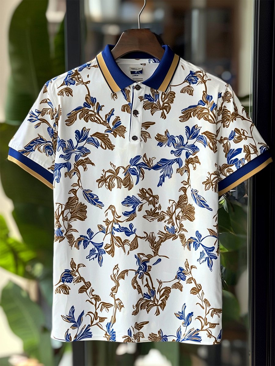 Camisa polo Resort floral estampado Button de manga corta para hombre