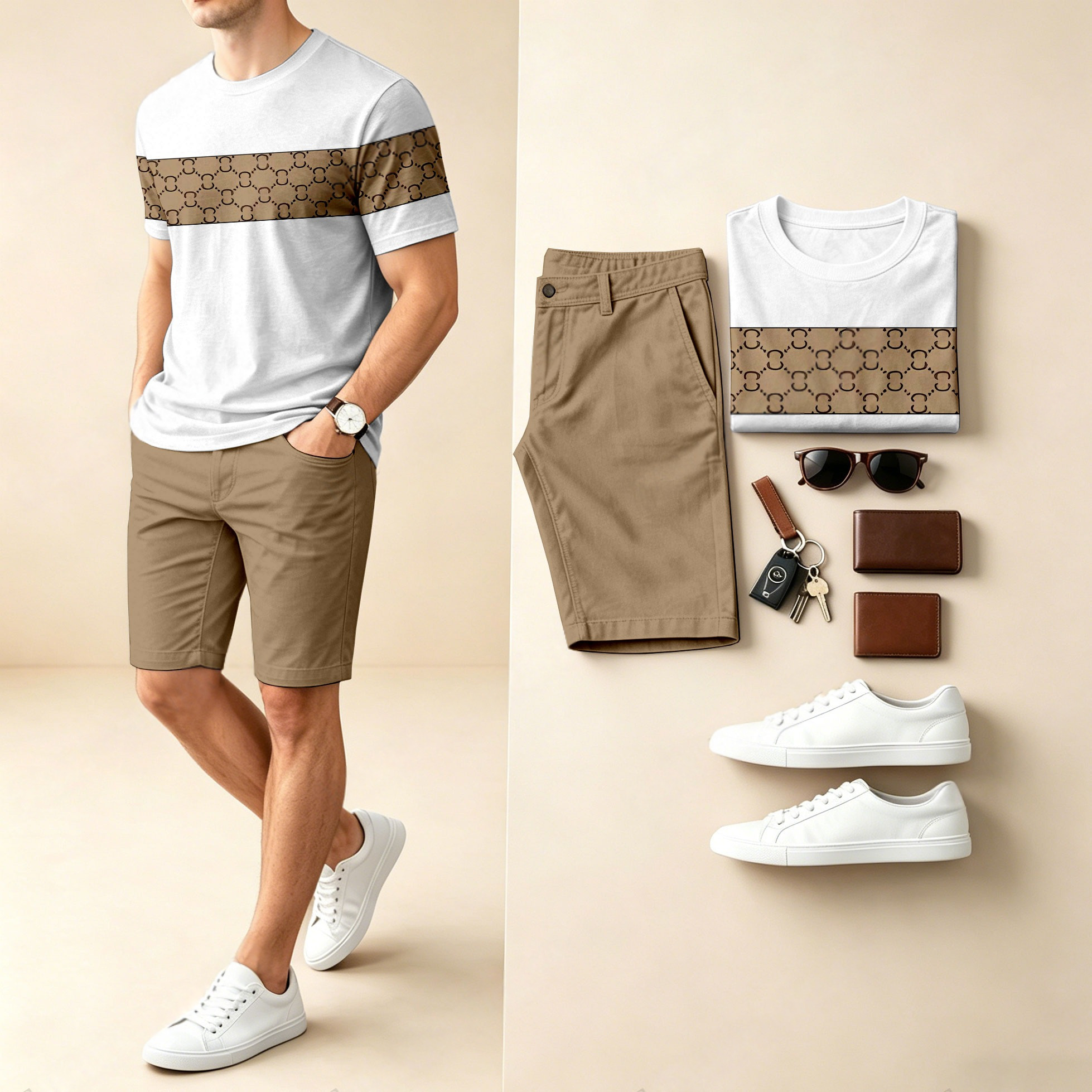 Conjunto de dos piezas casual Color-Block estampado Round-Neck de manga corta camiseta And shorts para hombre
