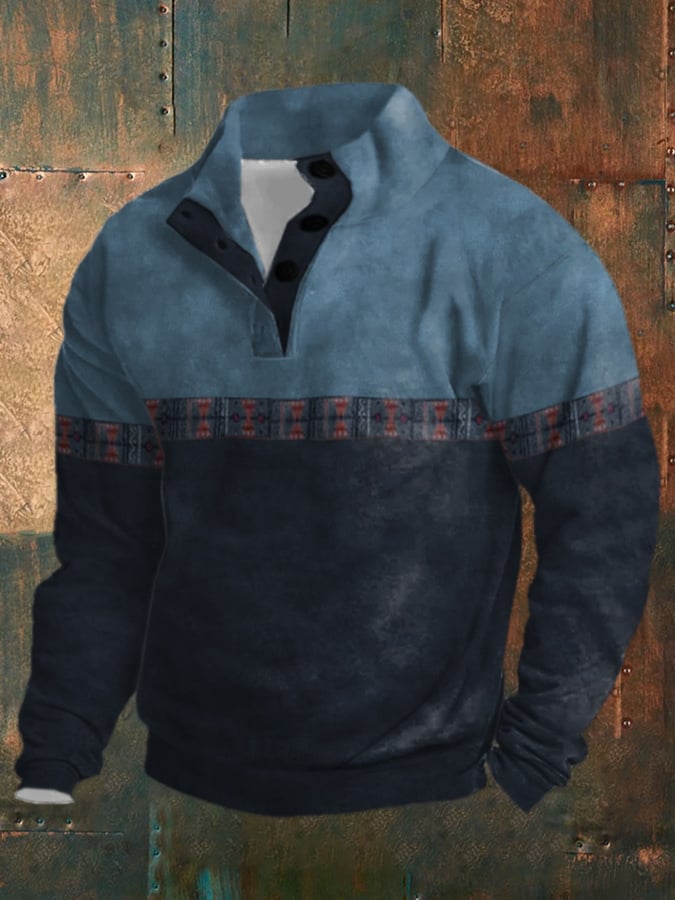 Sudadera retro Western en bloques de color estampado de manga larga para hombre