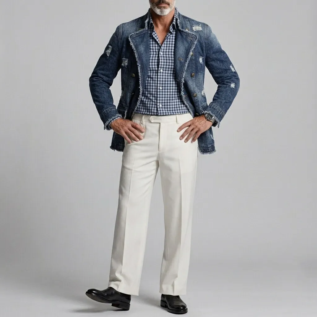 para hombre retro Ripped Frayed Edge Stand Collar Double-Breasted Denim chaqueta