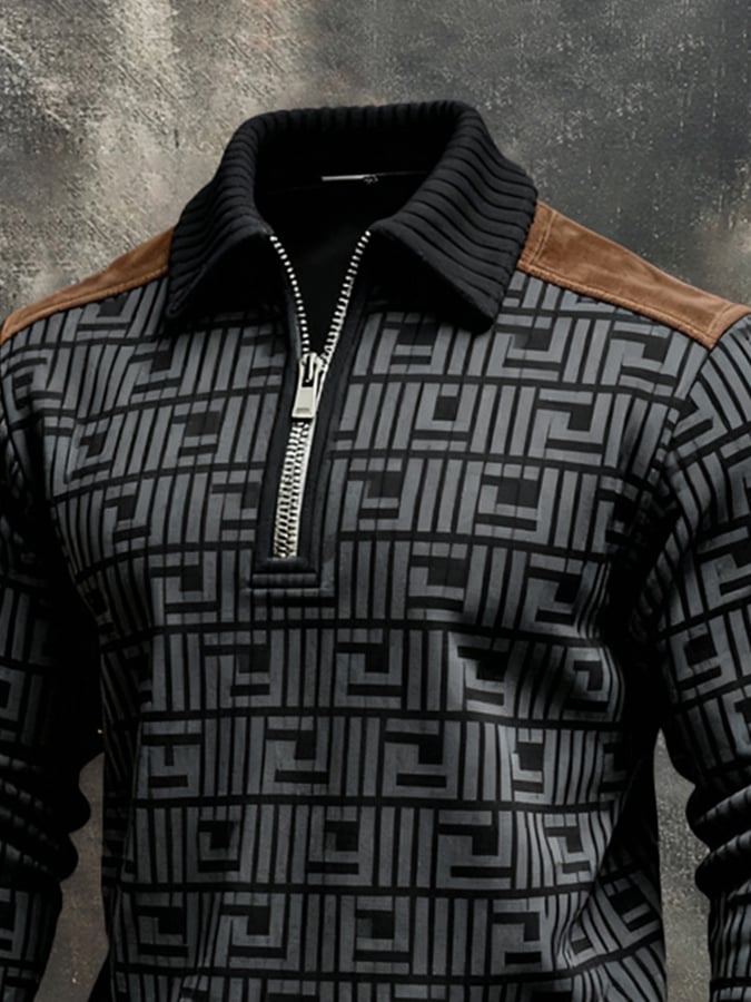 Sudadera retro en bloques de color estampado Color-Blocked con cierre para hombre