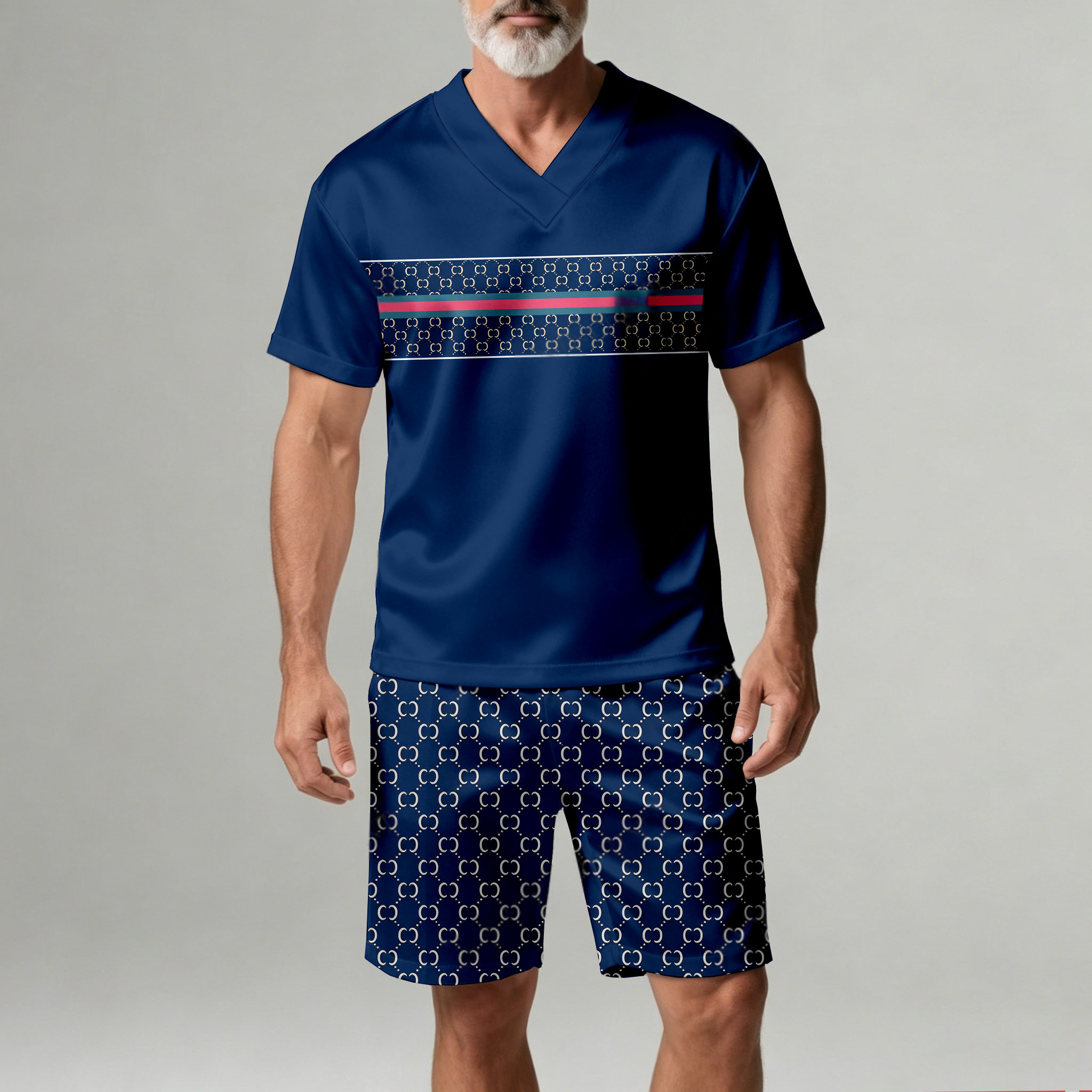 Conjunto de dos piezas casual Navy Blue Geometric estampado V-Neck de manga corta camiseta And shorts para hombre