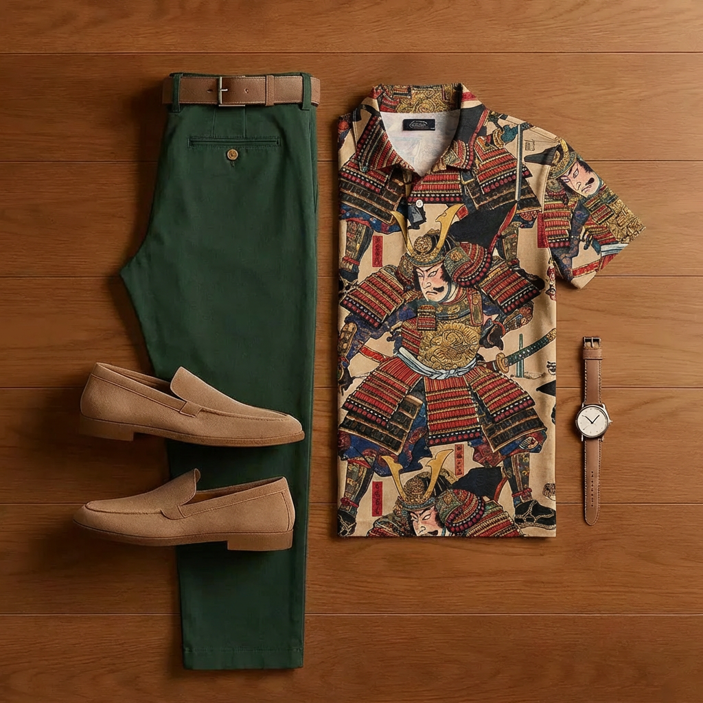 Conjunto de dos piezas retro Brown estampado de manga corta camisa And Trousers para hombre