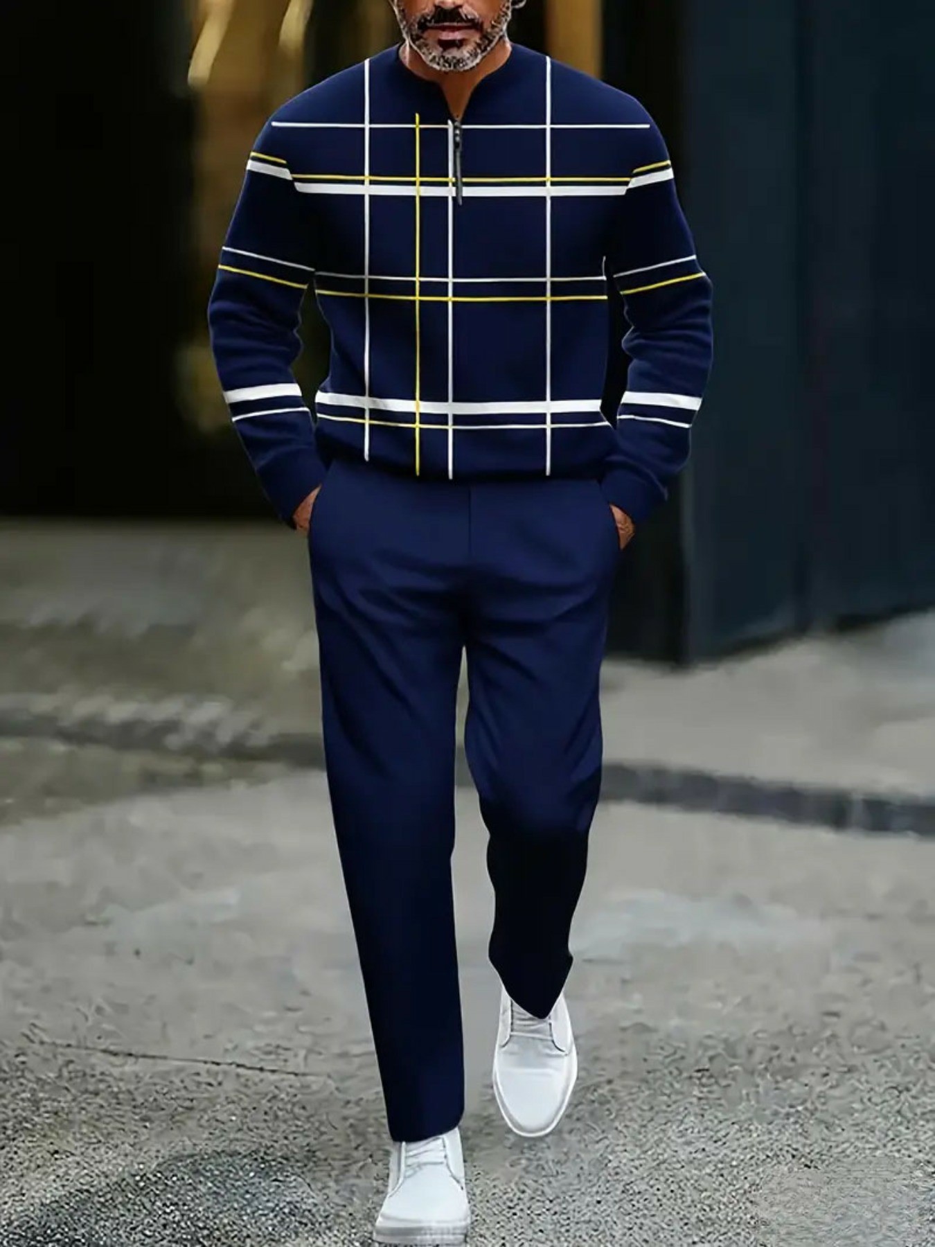 Conjunto de dos piezas casual Navy Blue & White Color Matching Checked estampado Round-Neck Zipper de manga larga Trousers para hombre