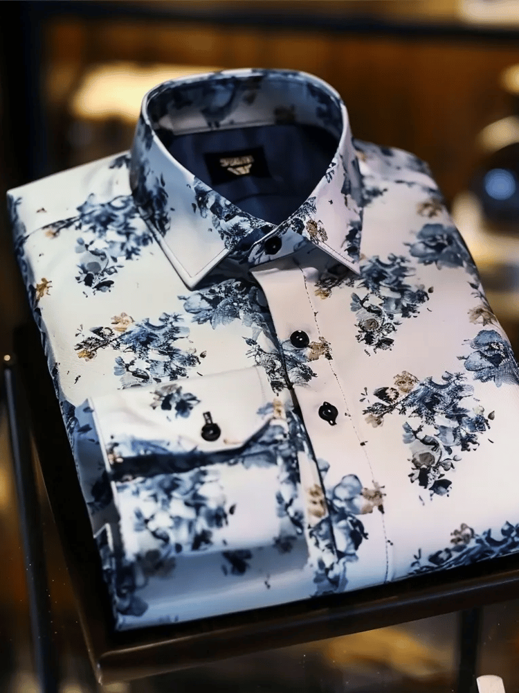 Camisa de lujo Romantic Contrast Color estampado de manga larga para hombre