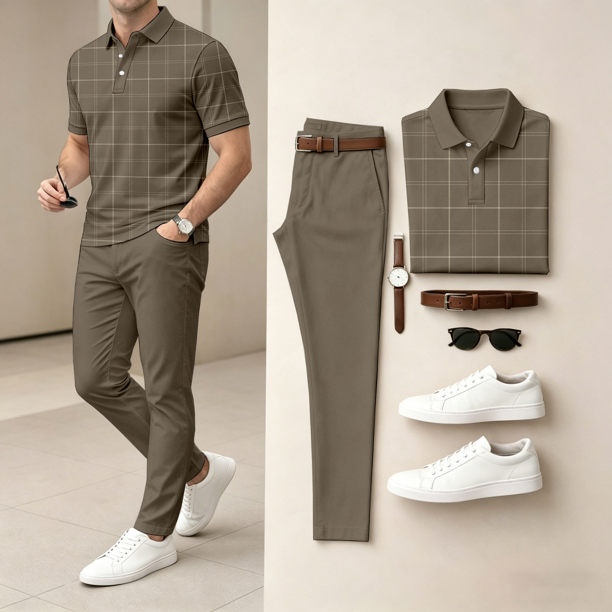 Conjunto de dos piezas casual Brown a cuadros estampado camisa polo And pantalón para hombre