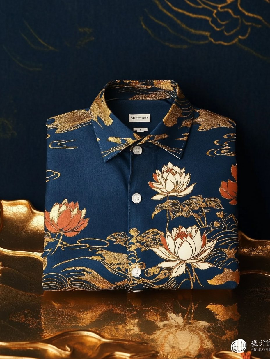 Camisa de lujo clásico Ukiyo-e de manga larga para hombre