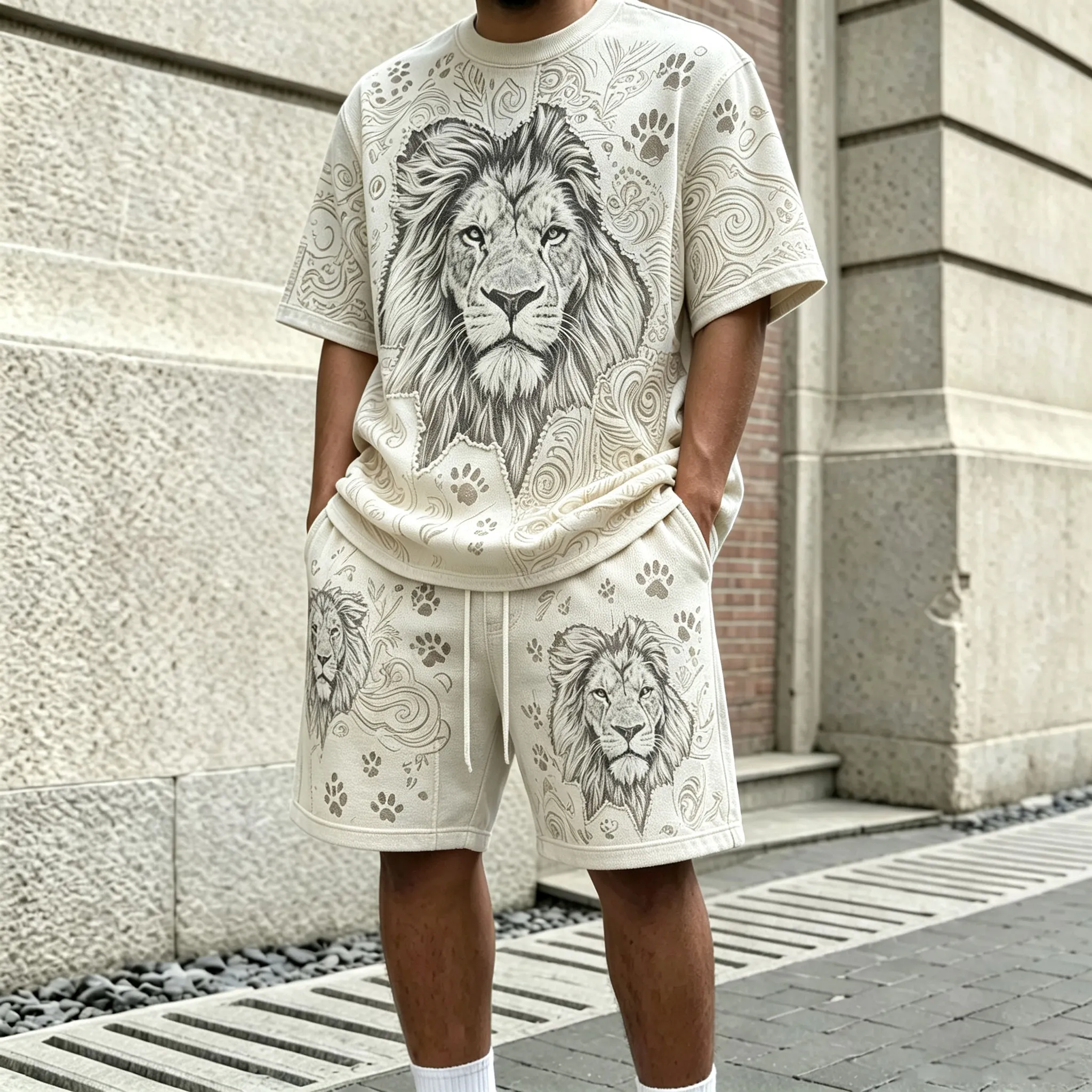 para hombre Beige Lion-Print Round-Neck de manga corta camiseta and shorts Set