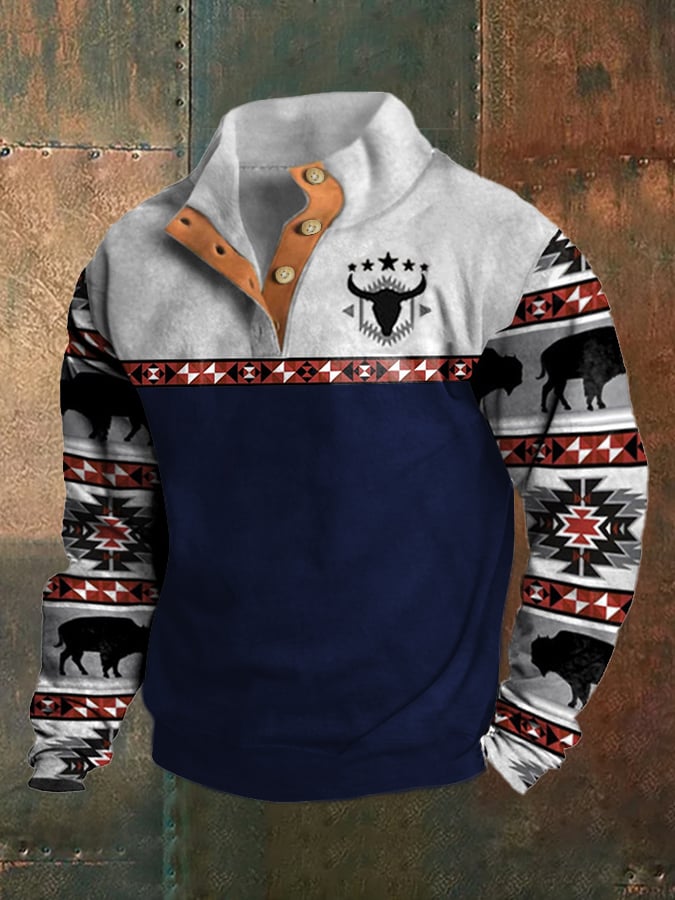 Sudadera Western Style estampado Stand cuello Button para hombre