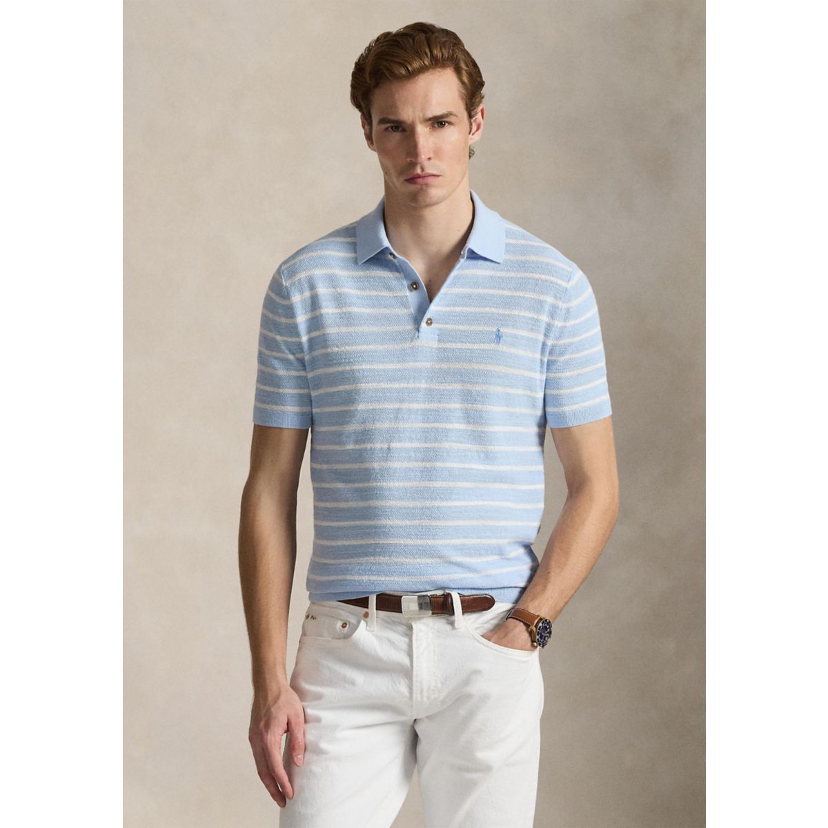 Striped Cotton-Linen Polo-Collar Sweater - 6