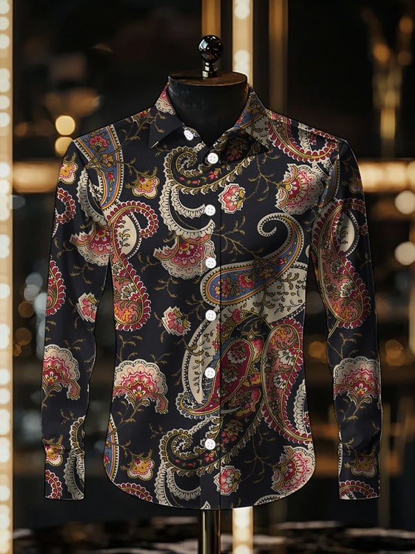 Camisa satén de lujo Ethnic Paisley de manga larga para hombre