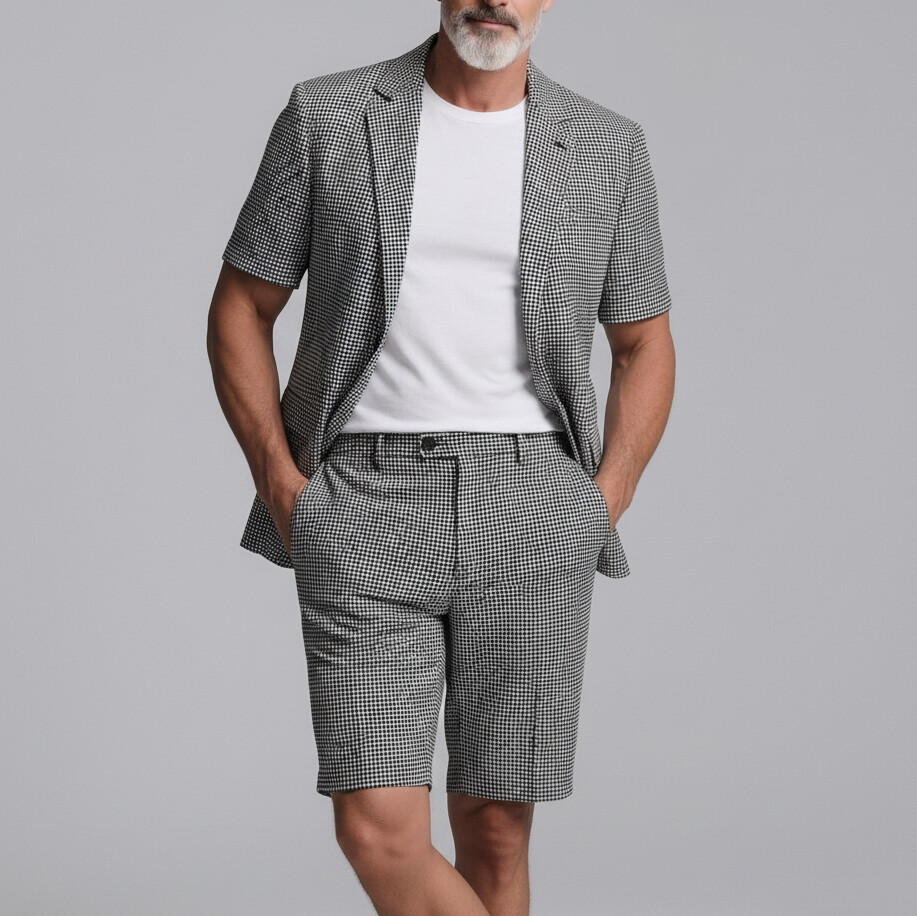 Saco Black a cuadros estampado Notched Lapel de manga corta & shorts ejecutivo casual 2Pcs Suit para hombre