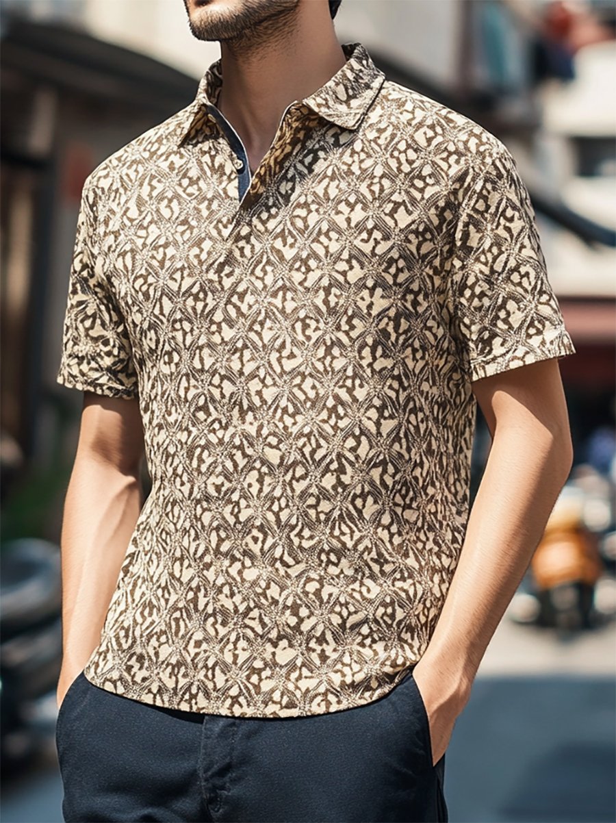 Camisa polo casual ejecutivo geométrico estampado con botones de manga corta para hombre