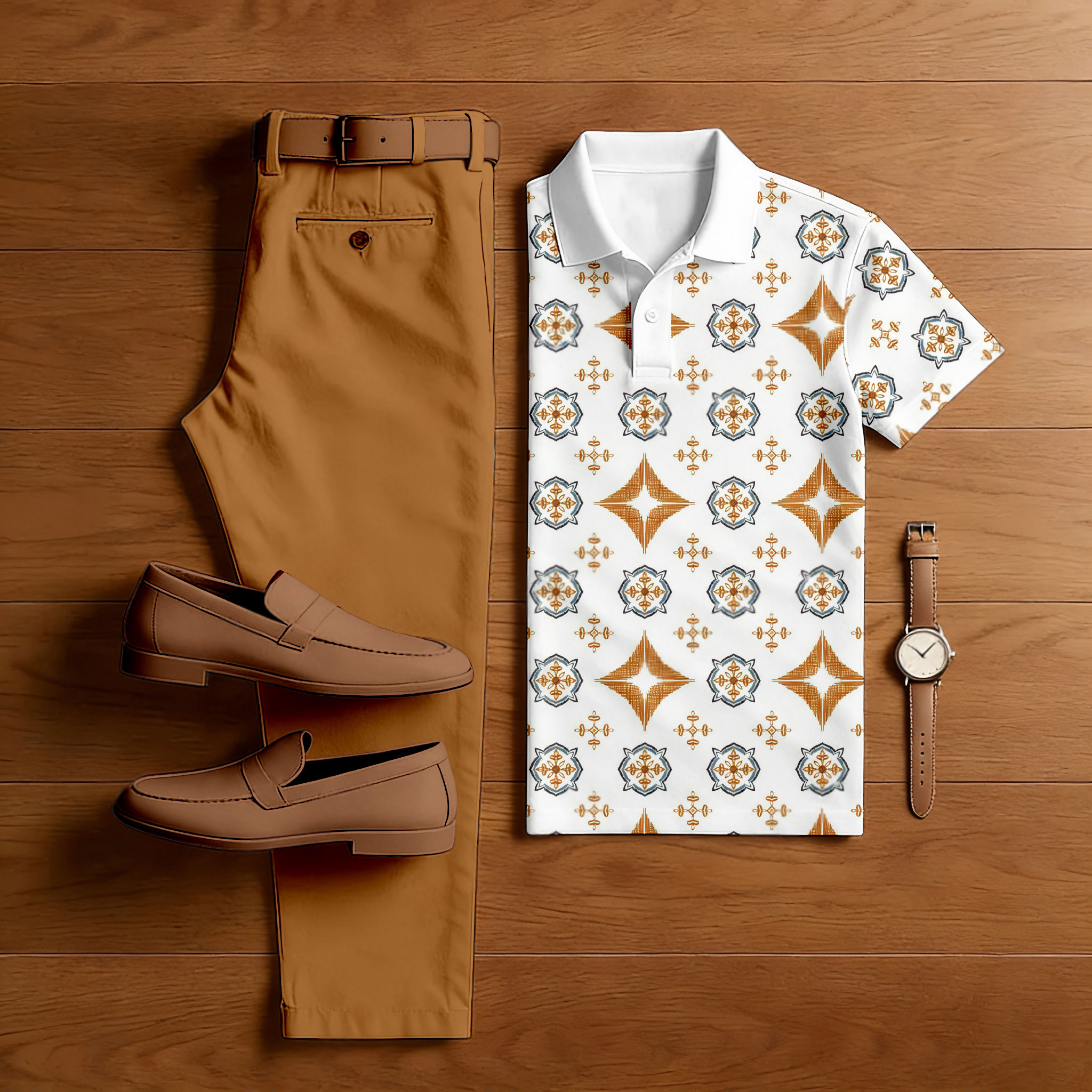 Conjunto de dos piezas casual Brown & White Color Matching retro Style estampado de manga corta camisa polo & Trousers para hombre