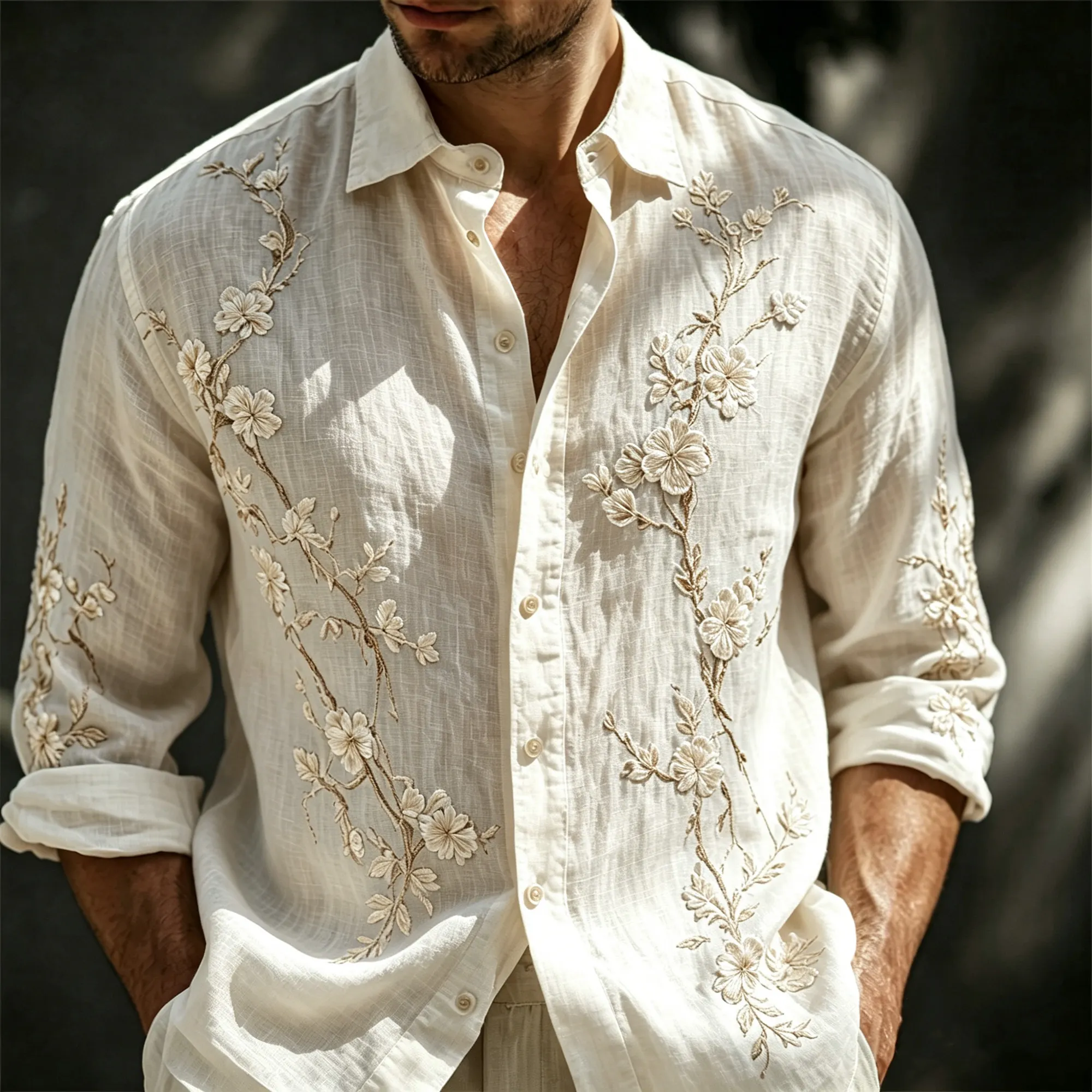 vintage 3d Embroidery de lino con botones camisa, para hombre floral Embroidery de manga larga casual Top