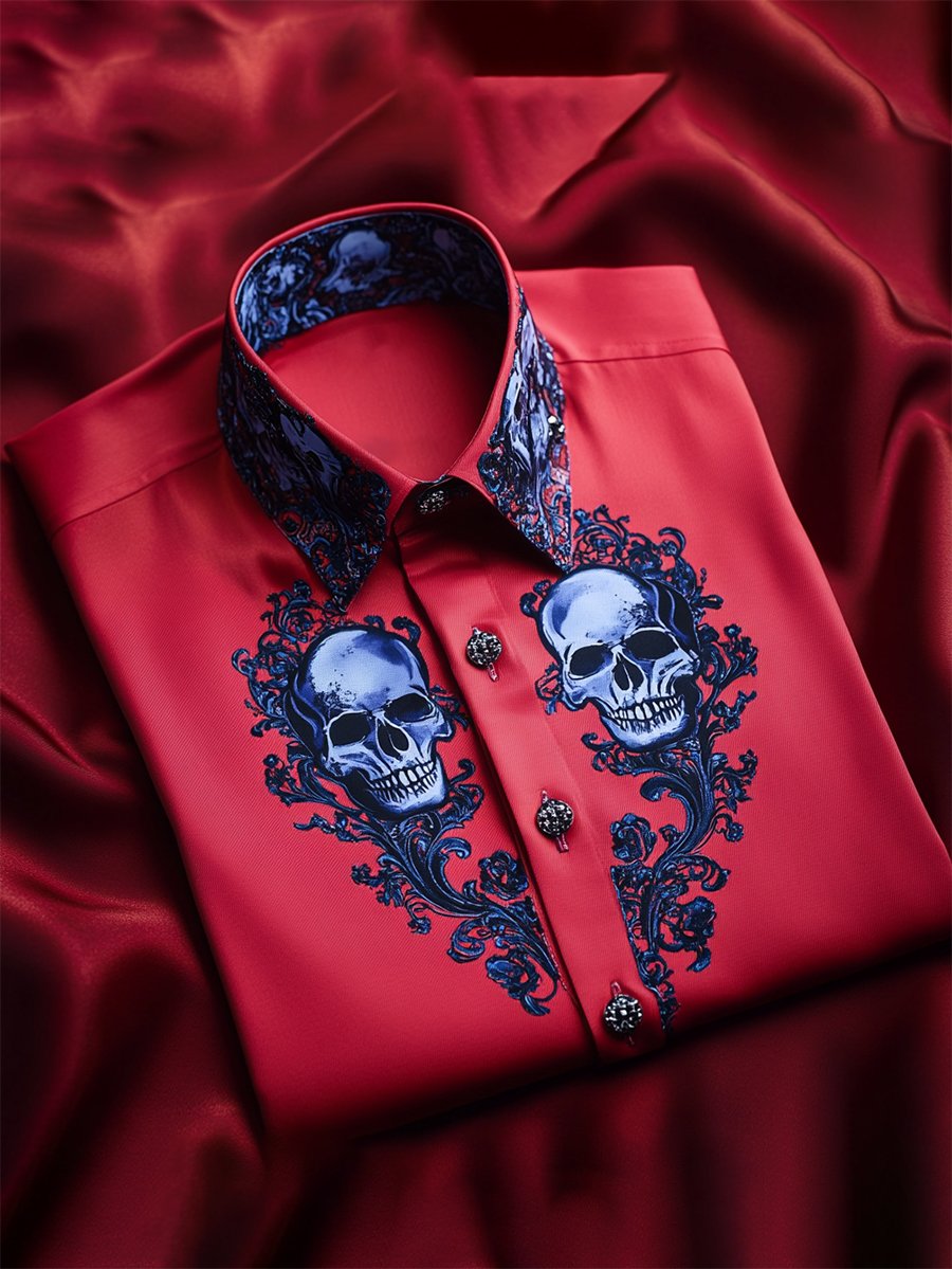 Camisa satén Luxe Skull de manga larga con botones para hombre